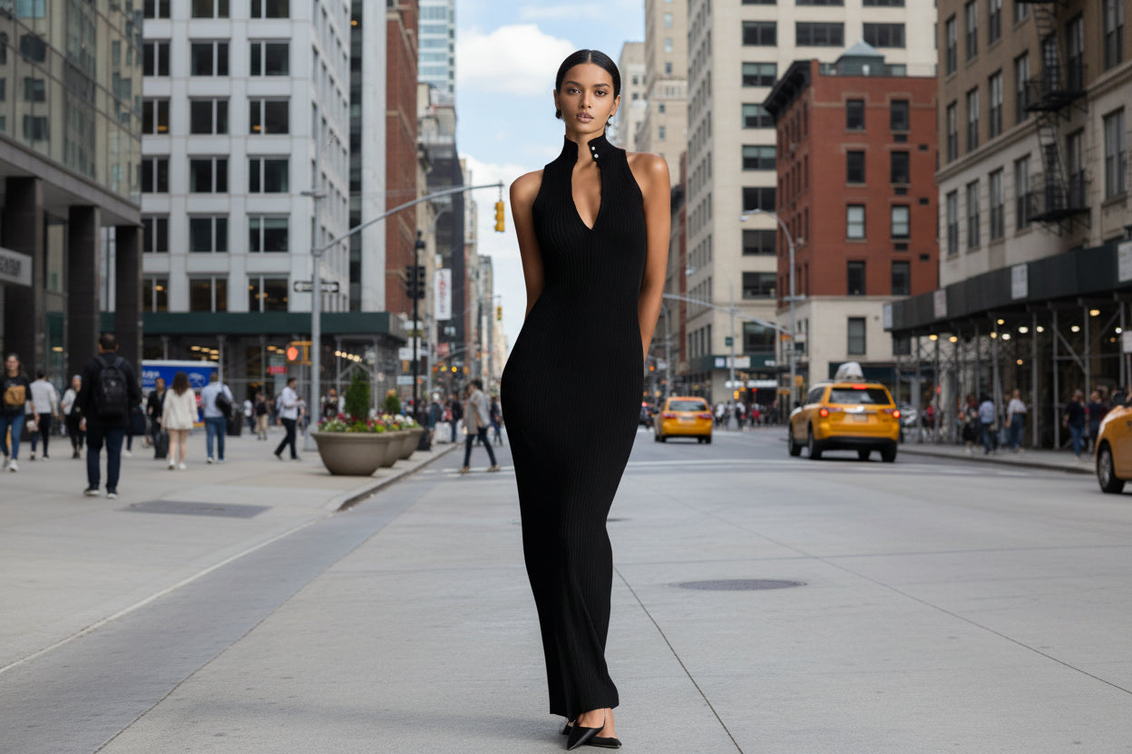 Women’s Black Sleeveless High-Neck Ribbed Maxi Dress - Image 2