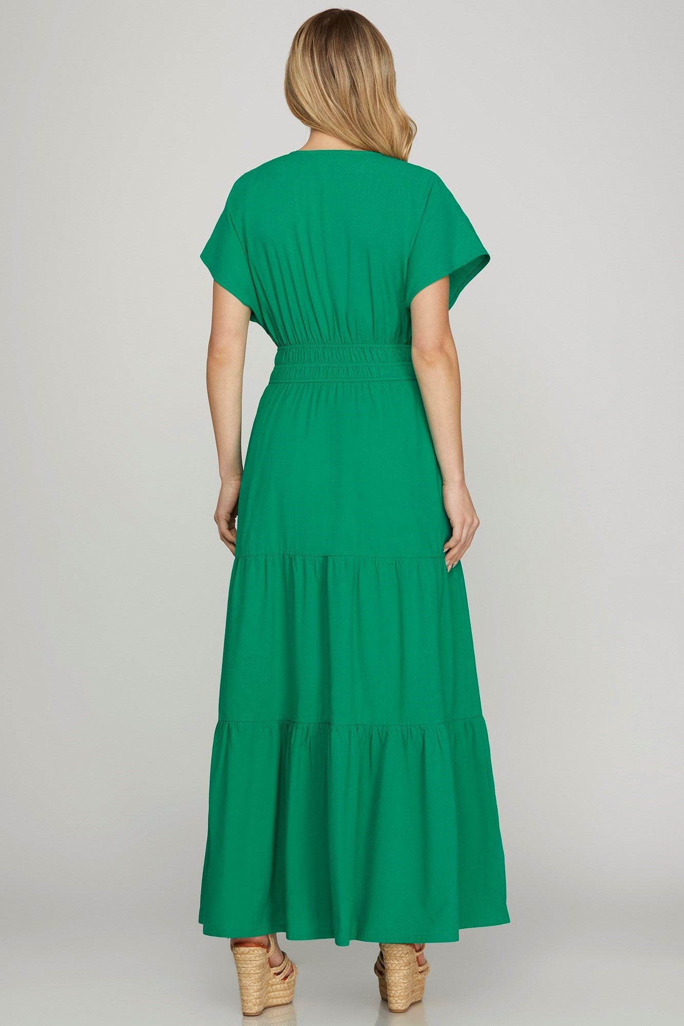 Green Surplice Short Sleeve Tiered Maxi Dress with Pockets