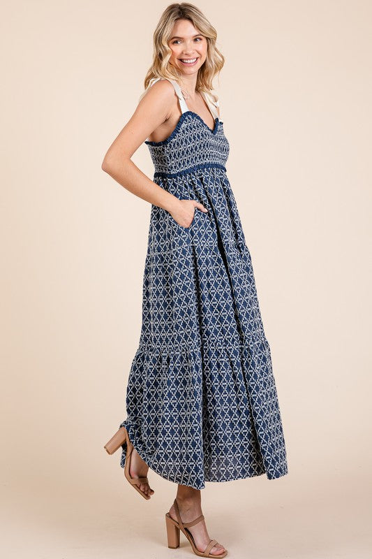 Geometric Embroidered Smocked Tie Shoulder Midi Dress
