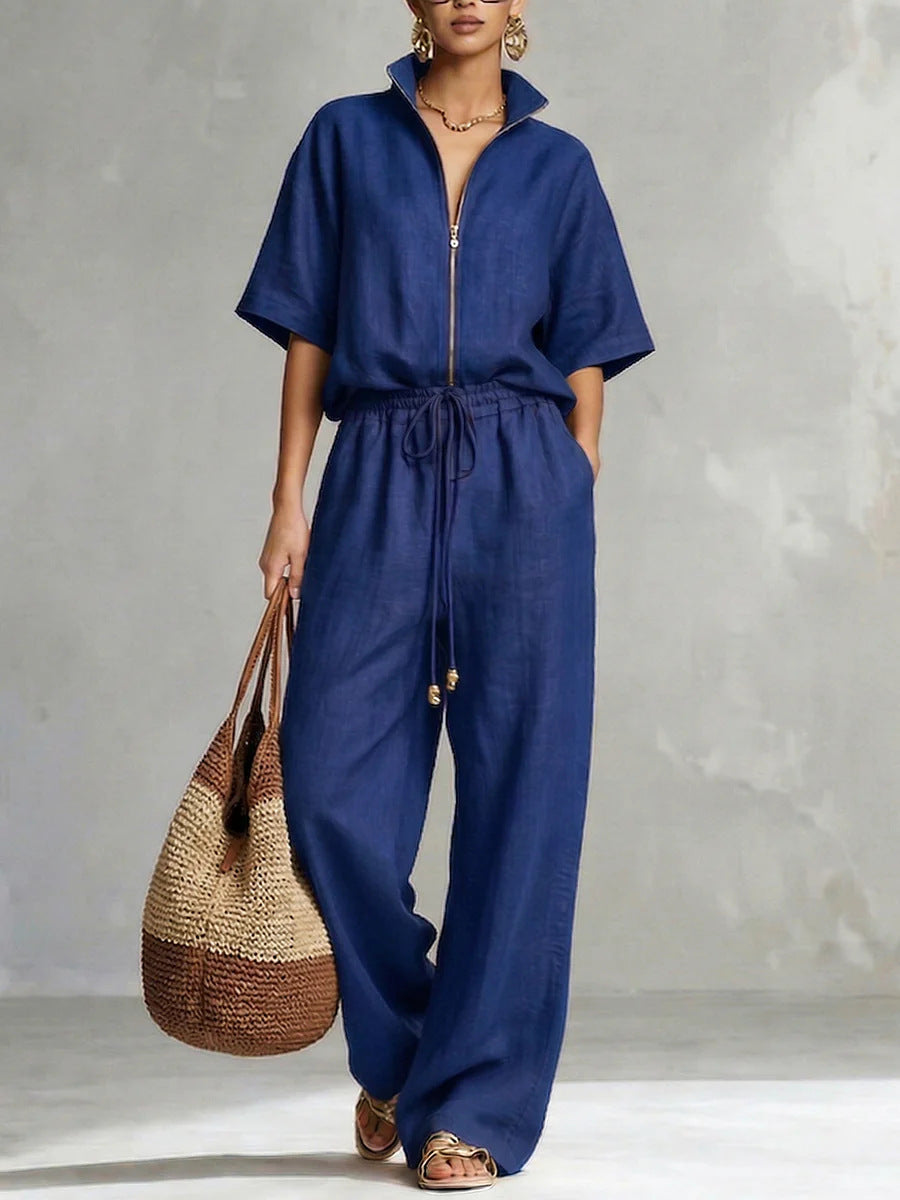 Women's Zip-Front Short Sleeve Top and Wide-Leg Pants Set - Image 7