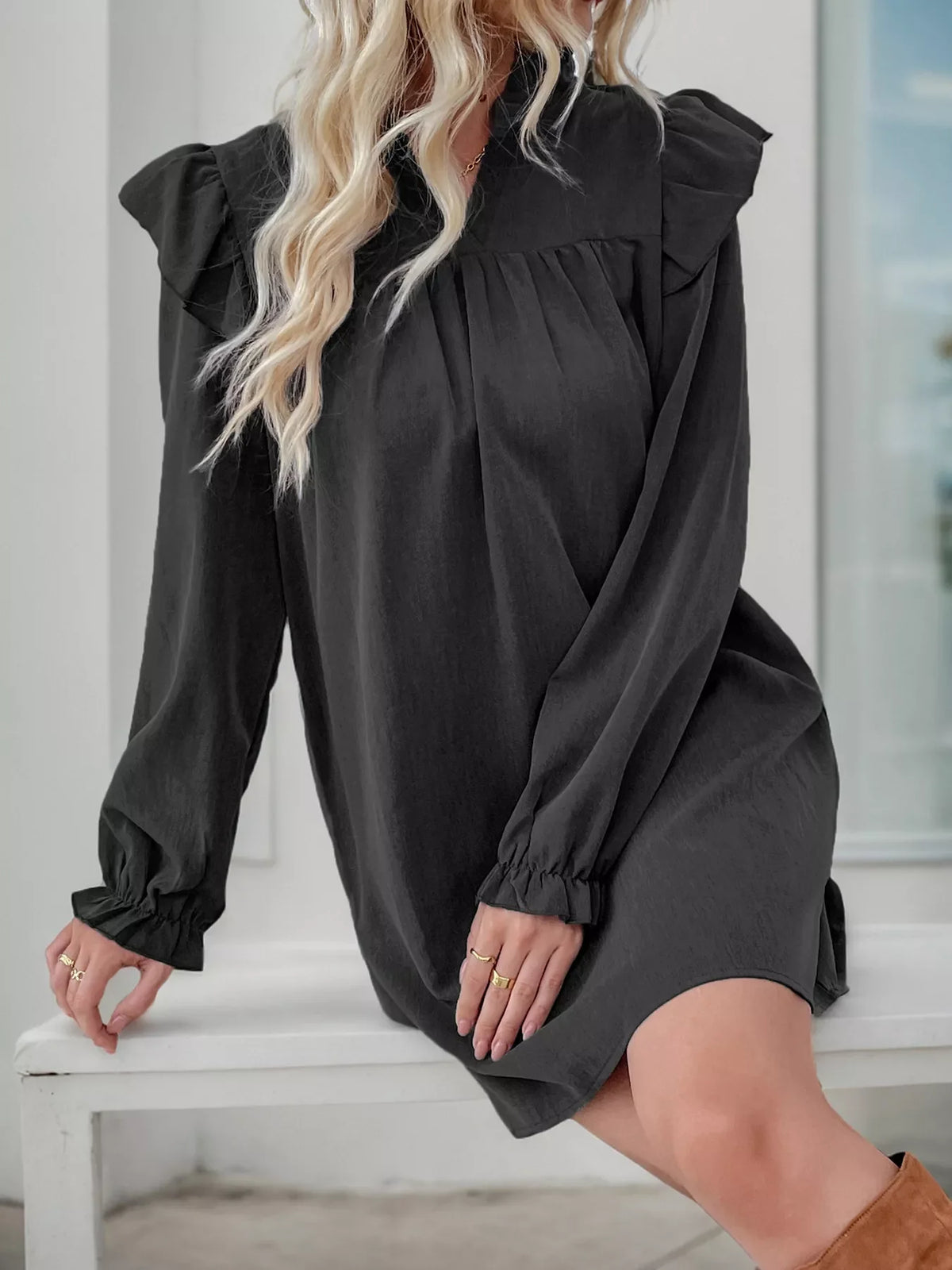 Ruffled Notched Flounce Sleeve Dress
