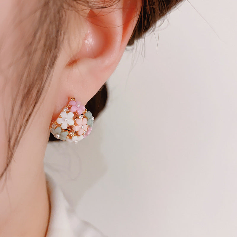 Zircon Pearl Flower Earrings Fashionable Gold Office Jewelry