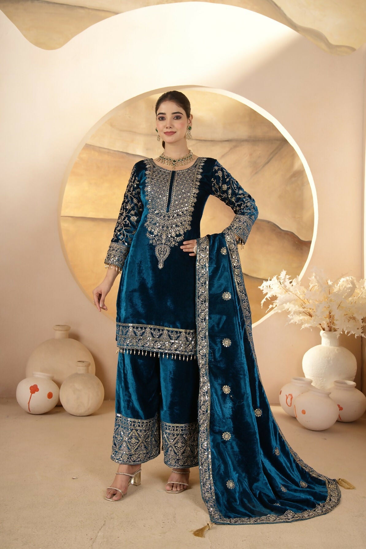 Blue velvet kurta set with sequence embroidery details