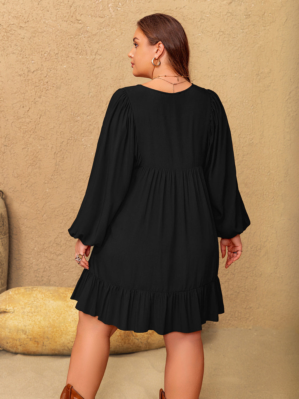 Embroidered Tie Neck Long Sleeve Mini Dress - Viscose