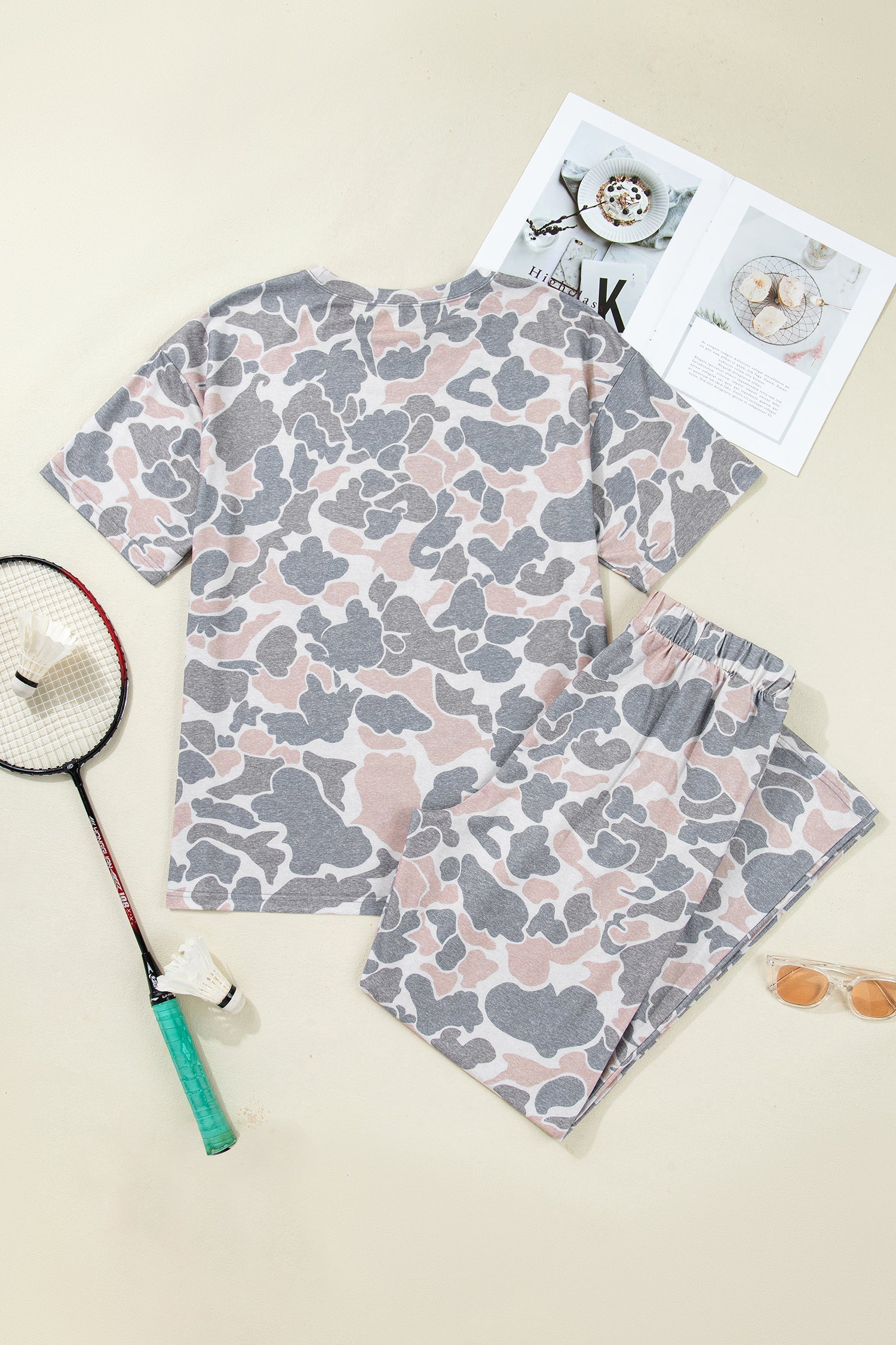 Camo Print Short Sleeve Top and Wide Leg Pant Set - Image 3
