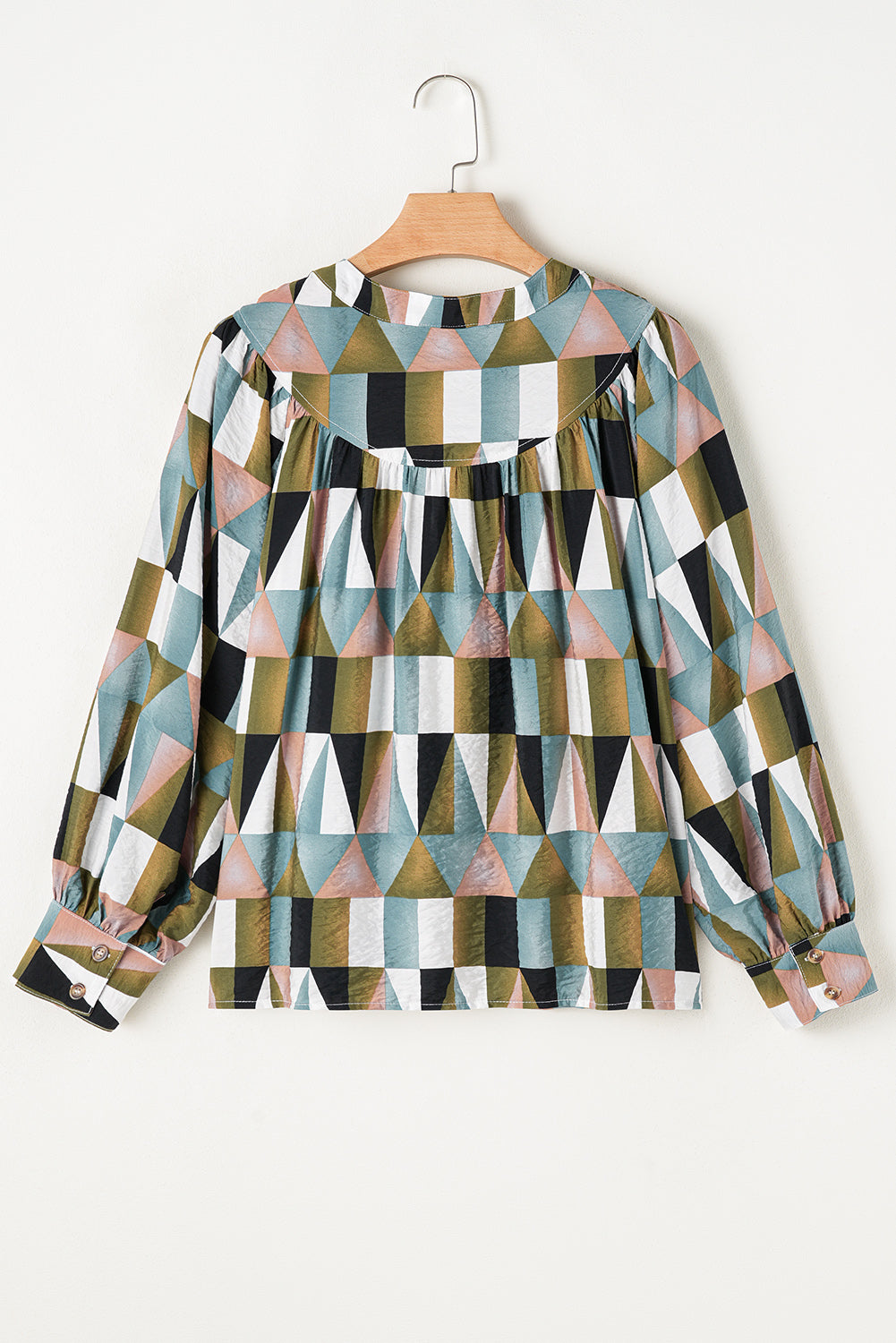 Green Geometric Print Balloon Sleeve Shirt | Loose Fit