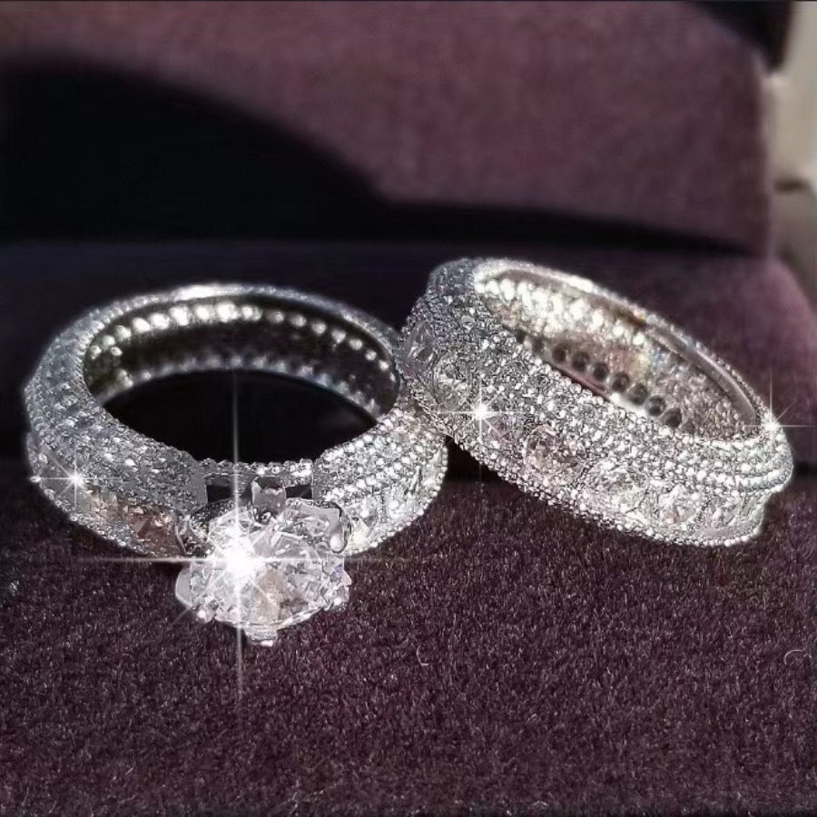 Cross-border Wish Explosions Couple Ring Wedding Ring Wedding Ring Diamond Ring Micro-inlaid Zircon Shiny High-end Hand Jewelry