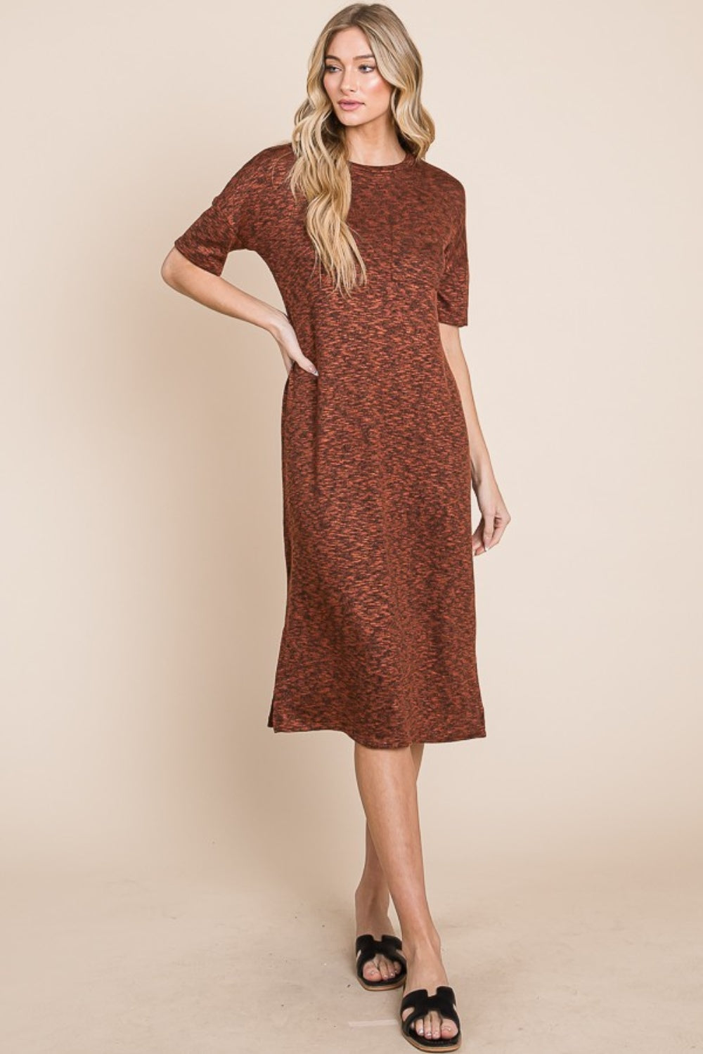 Round Neck Side Slit Midi Dress in Rust or Black