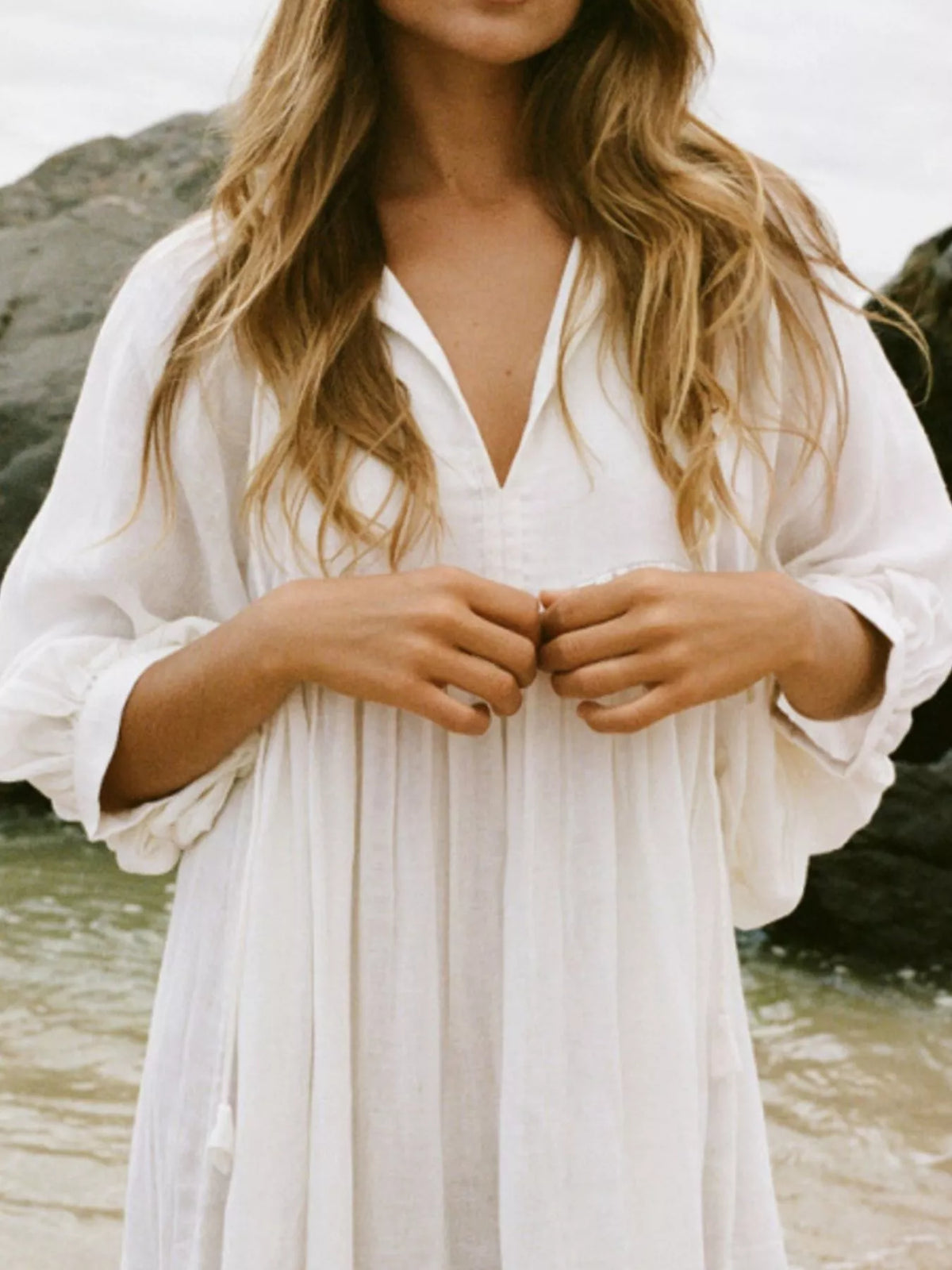 Tie Neck 3/4 Sleeve Midi Dress