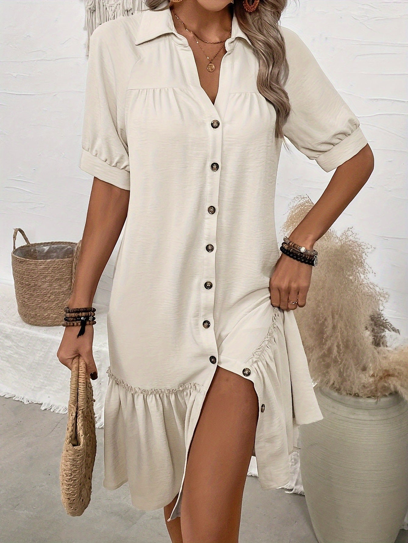 Women's Puff Sleeve Ruffled Hem Mini Dress
