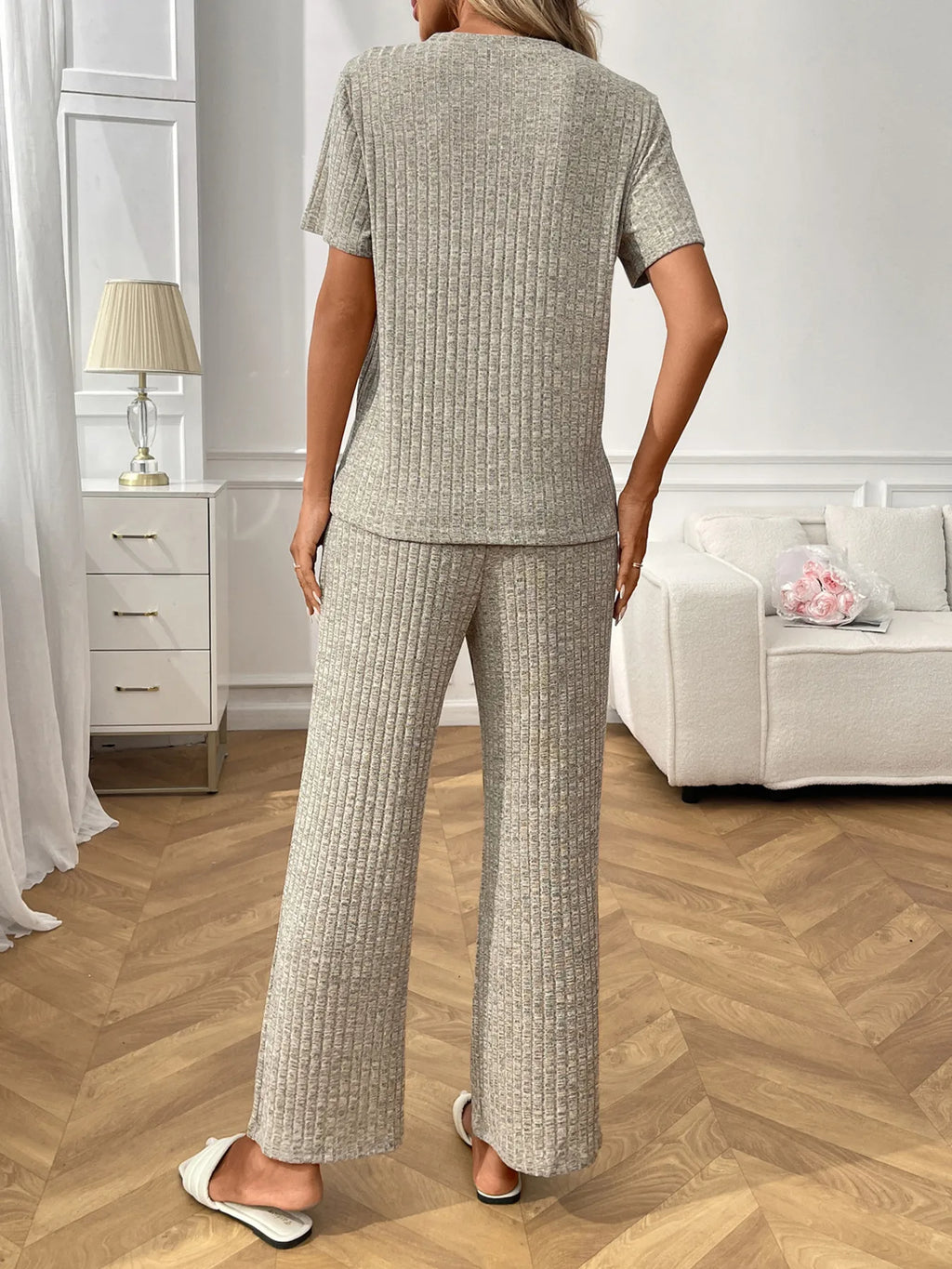 Ribbed Knit Short Sleeve Top and Pants Lounge Set