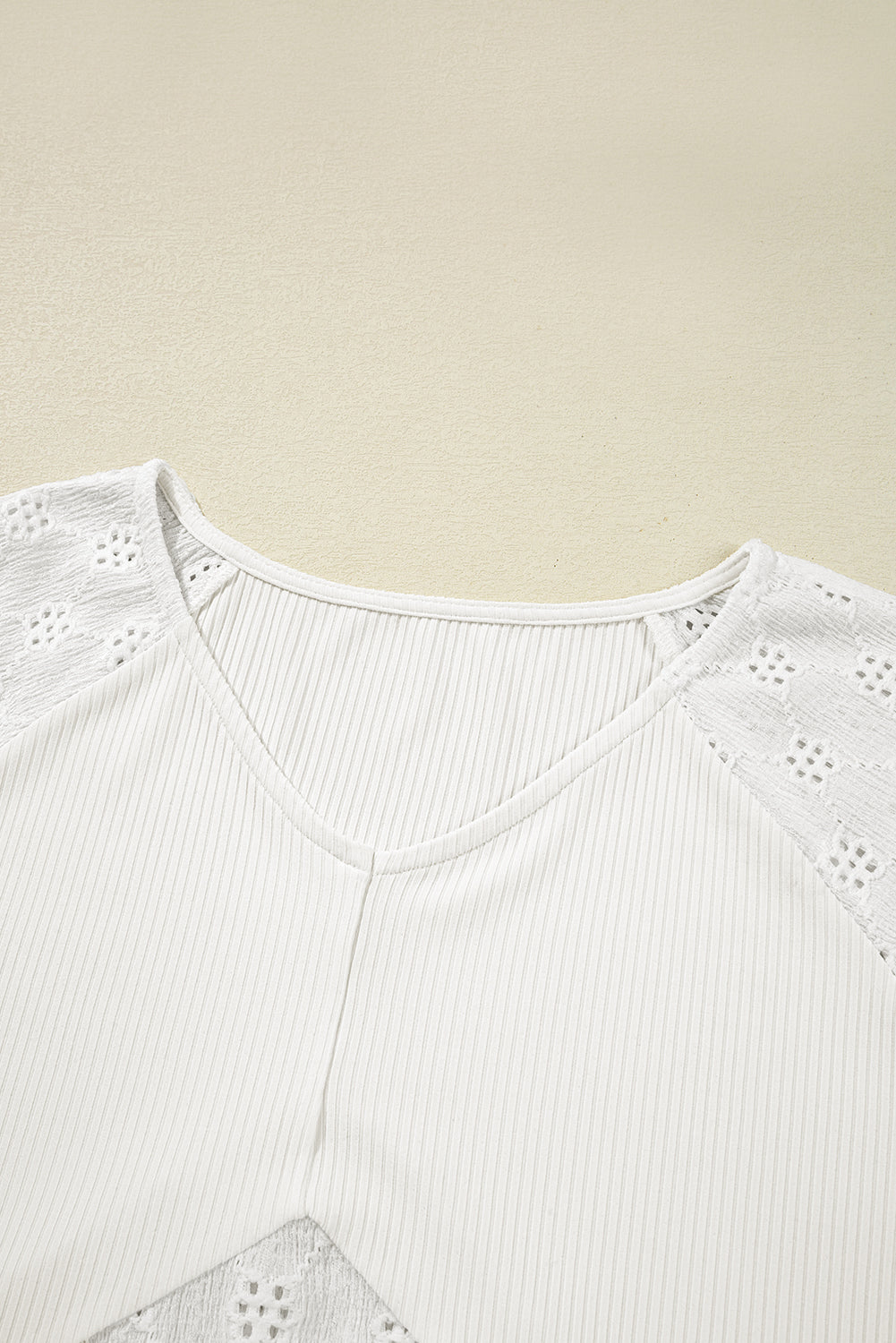 Corded Knit Patchwork Embroidered V-Neck Blouse