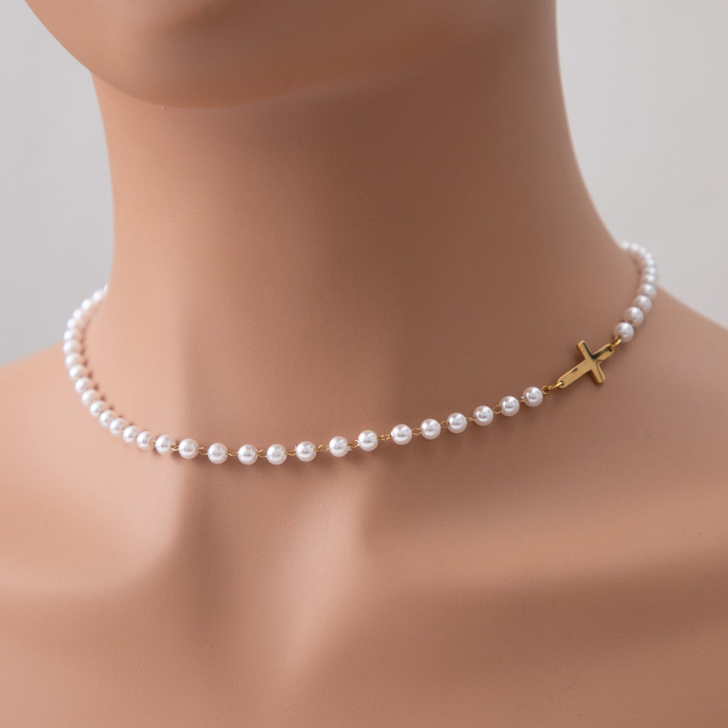 Pearl Cross Titanium Steel Necklace For Women