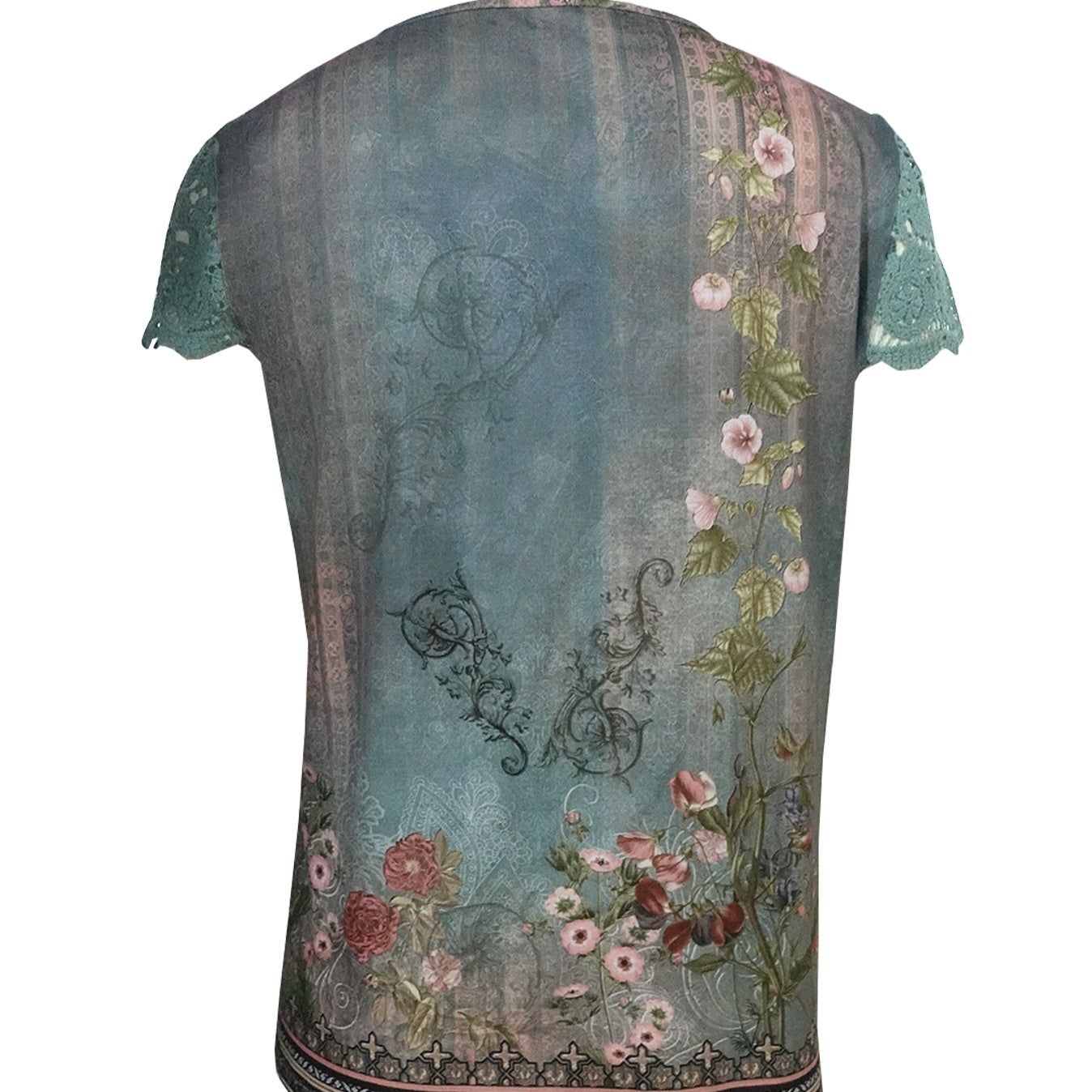 Women Floral Print Lace Sleeve Blouse Elegant Short Sleeve Top - Image 2