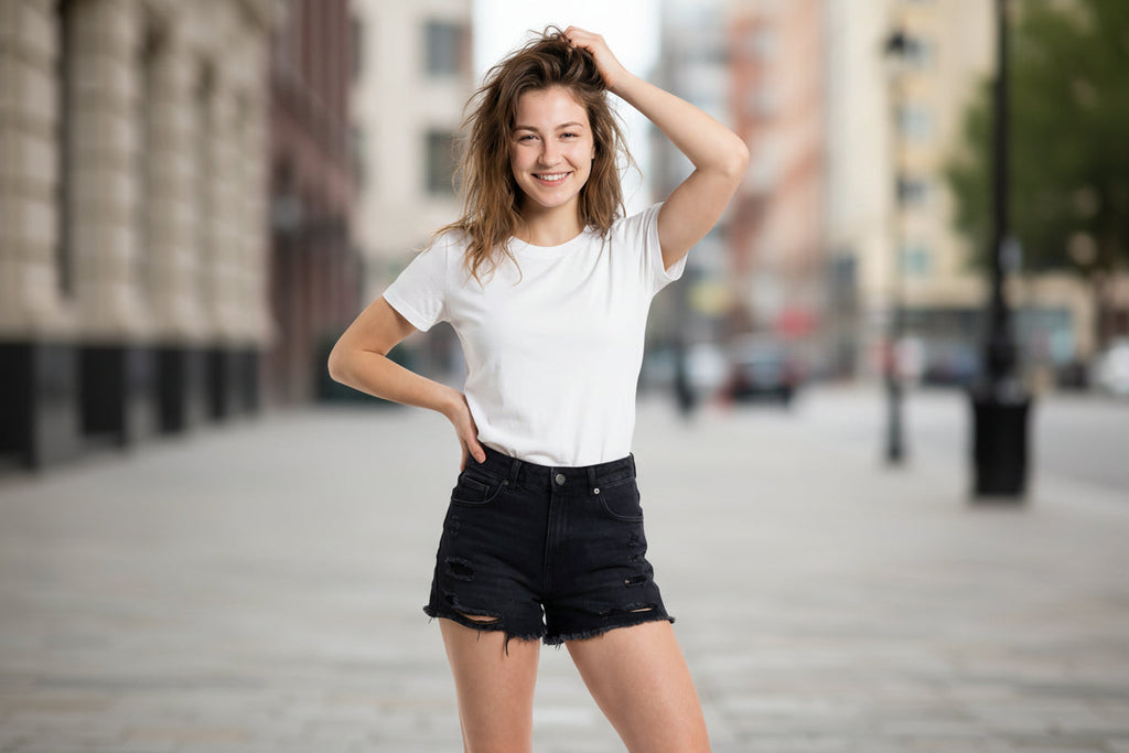 A woman wearing a white slim-fit short-sleeved crewneck t-shirt with a natural drape.