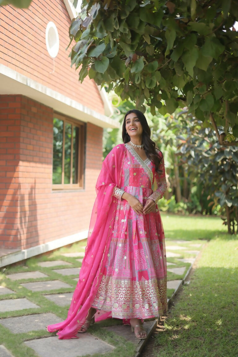 Pink Russian Silk Anarkali Dress with Abstract Digital Print