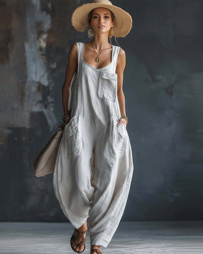 A woman wearing a casual, loose-fit solid color white jumpsuit with front and chest pockets