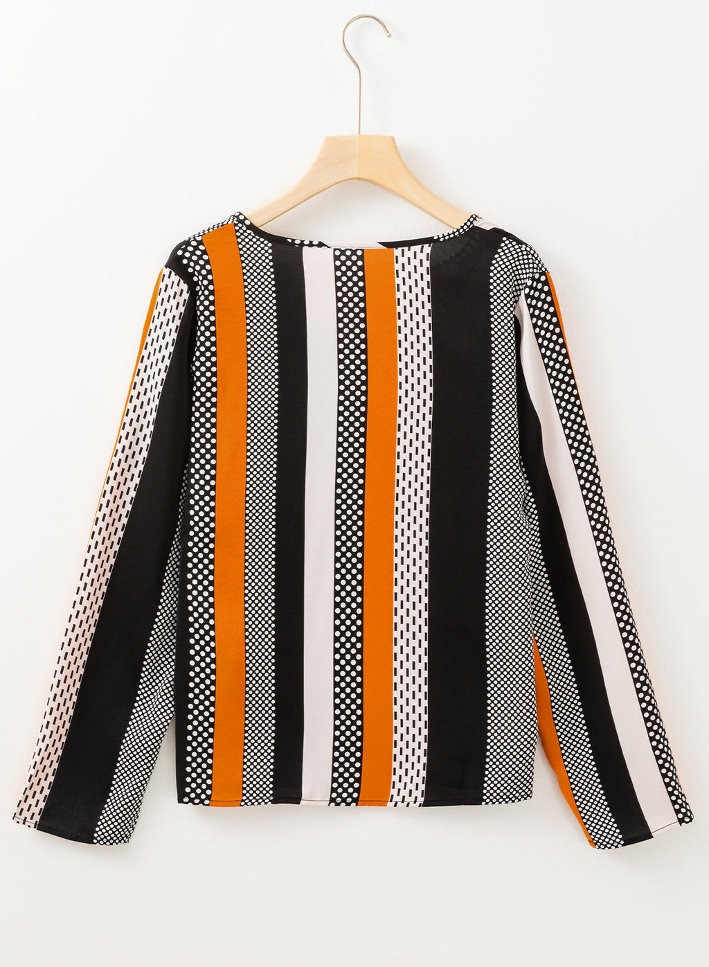 Polka Dot Stripe Notched V-Neck Long Sleeve Blouse