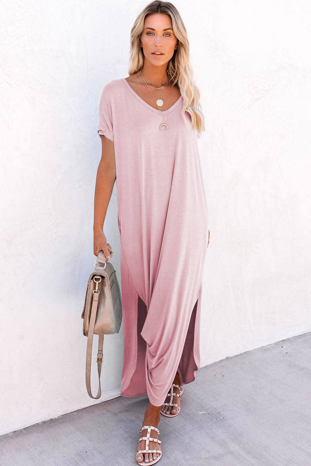 Pink V Neck Maxi T-Shirt Dress with Hidden Pockets