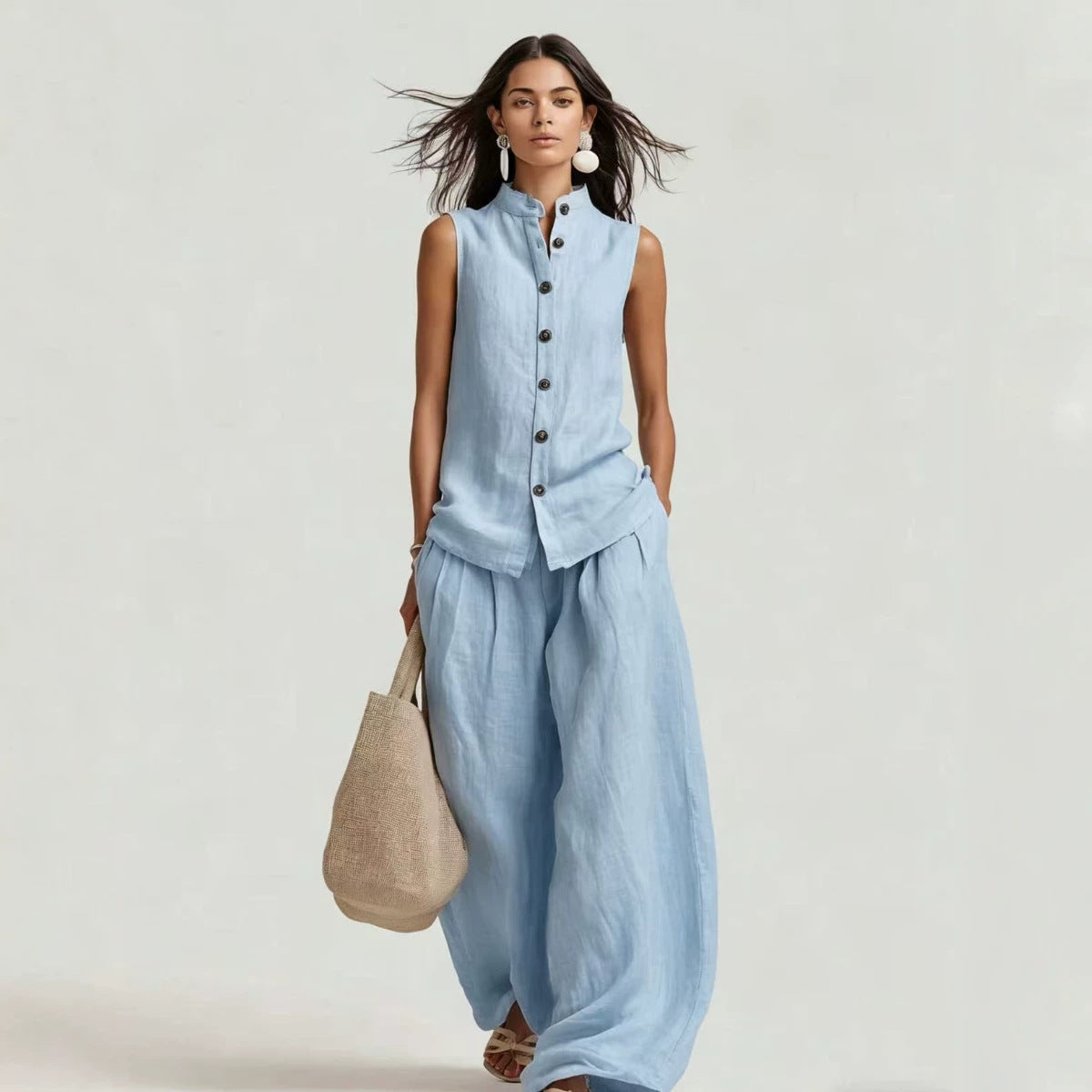 Sleeveless Stand Collar Top and Wide-Leg Pants Set - Image 4