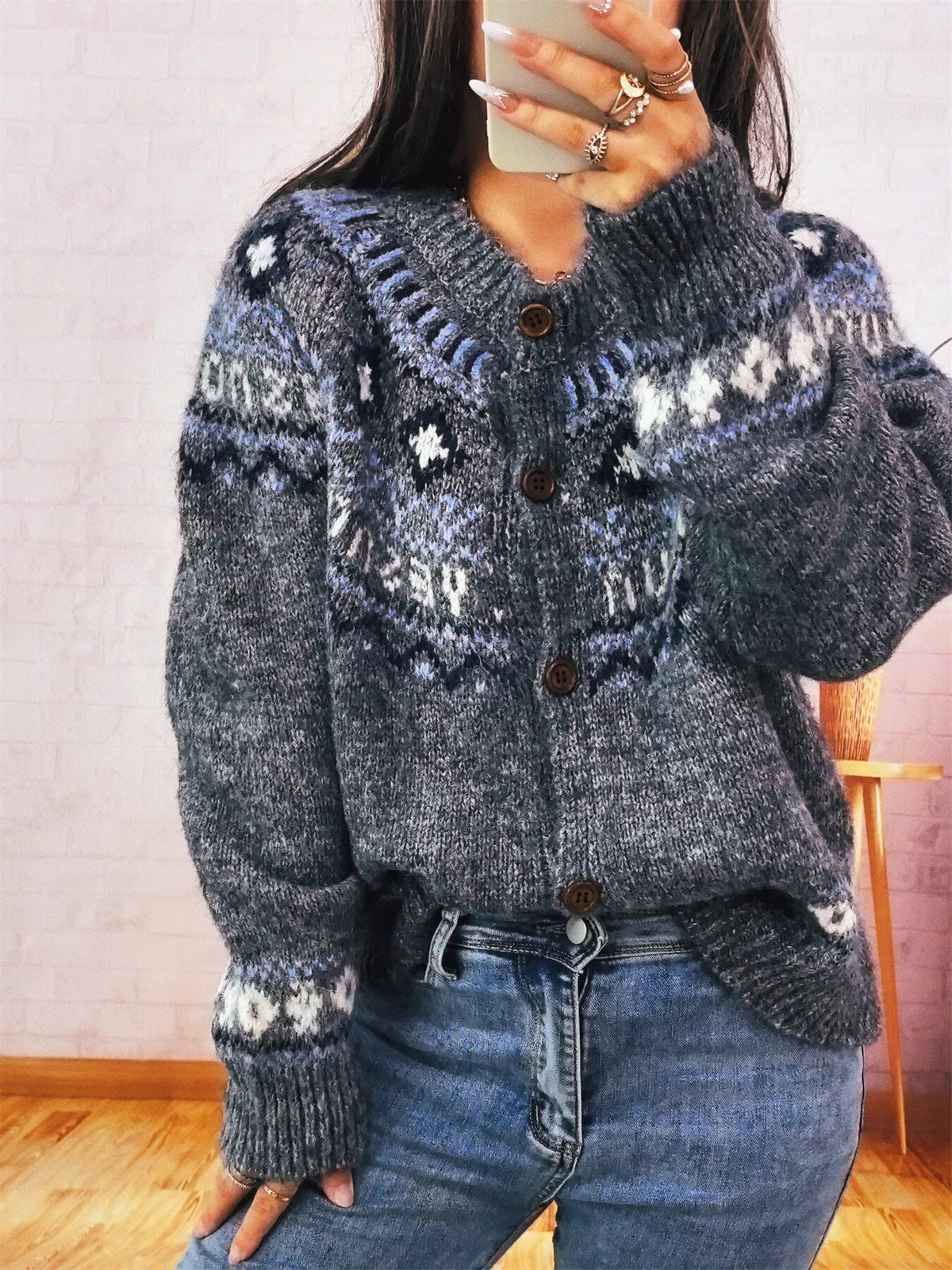 Geometric Pattern Button Up Long Sleeve Cardigan