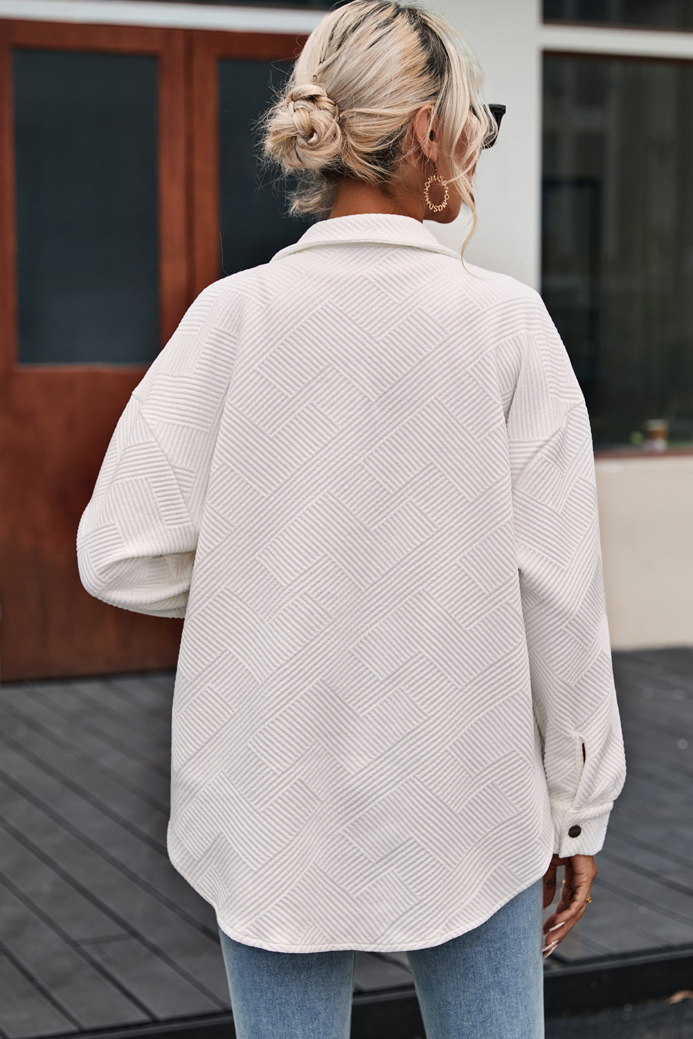 White Textured Flap Pocket Buttoned Shacket Jacket - Image 6