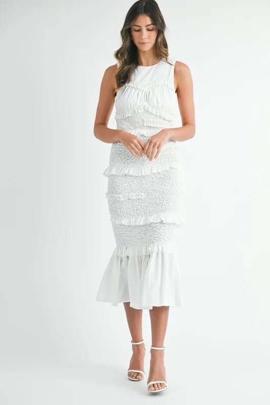 White Ruffled Popcorn Smocked Mermaid Midi Dress