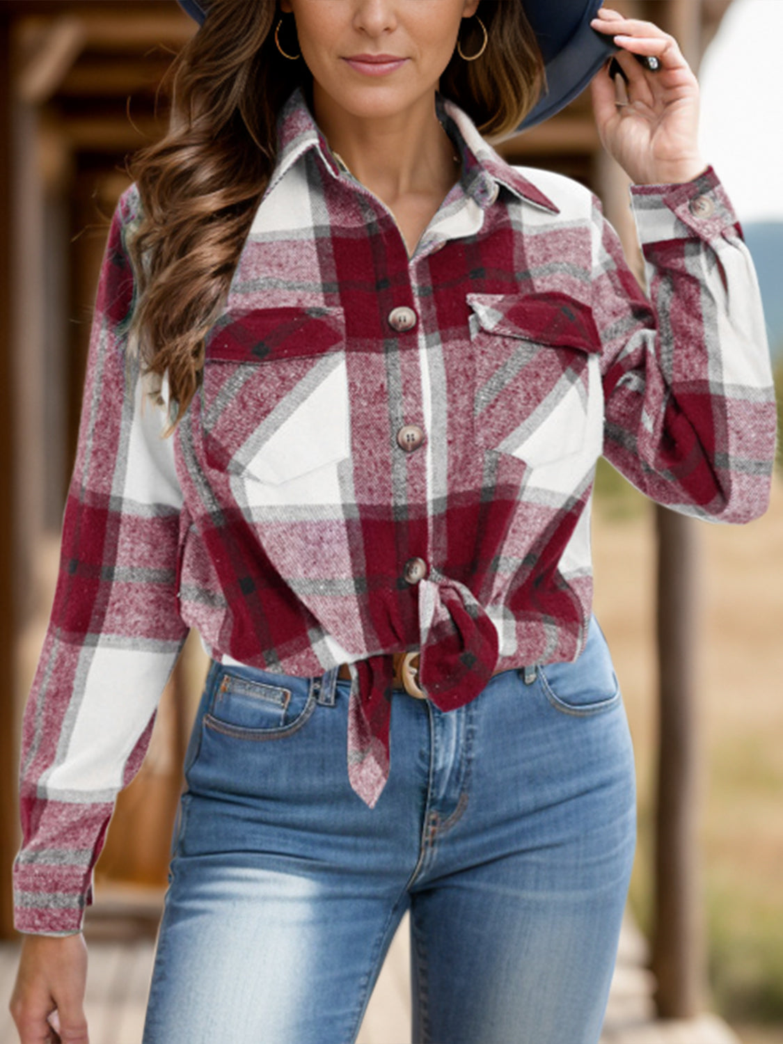 Women's Plaid Shacket with Collar and Chest Pockets - Image 7