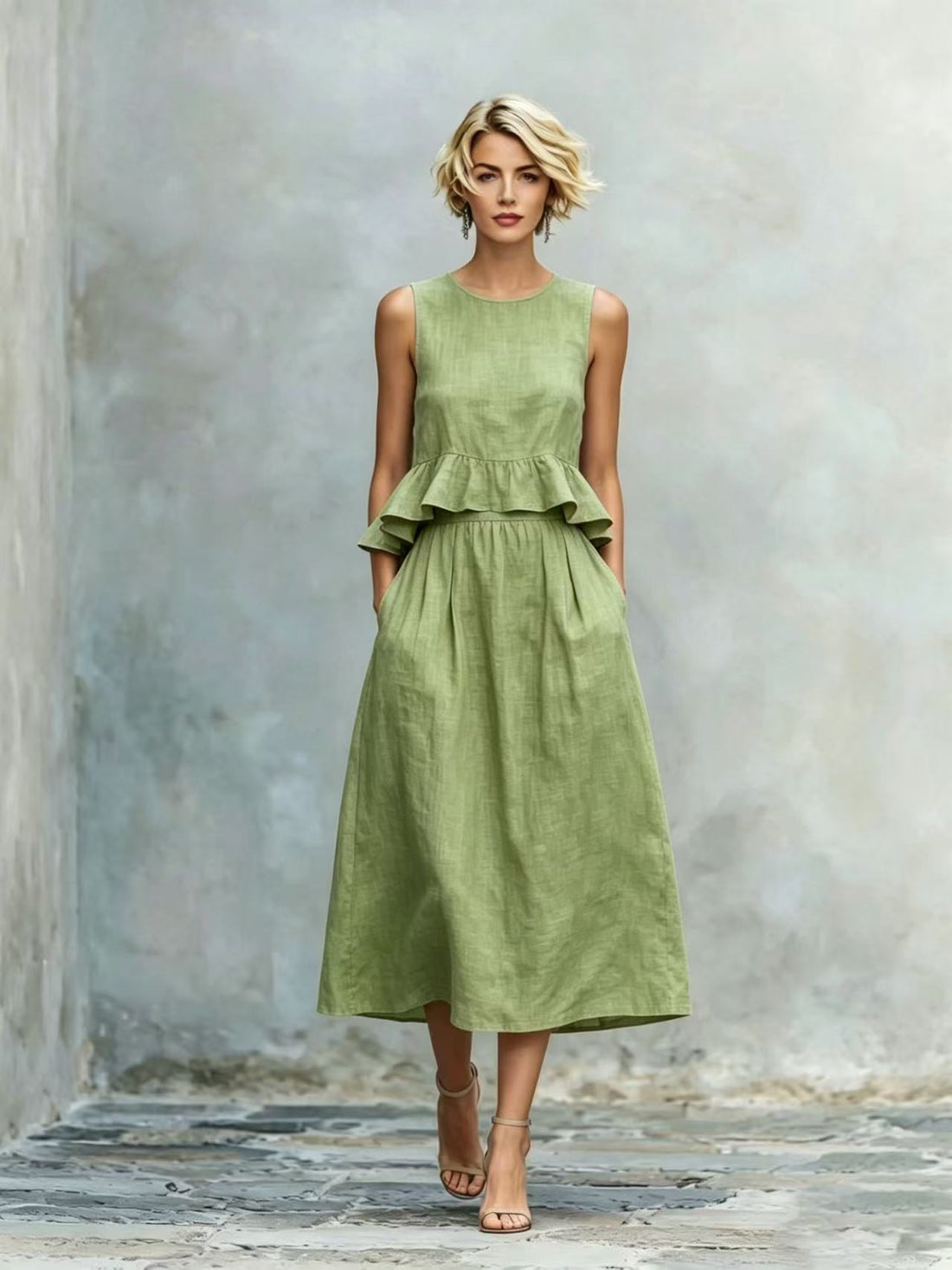 Women's Sleeveless High-Waist Ruffle Trim Maxi Dress