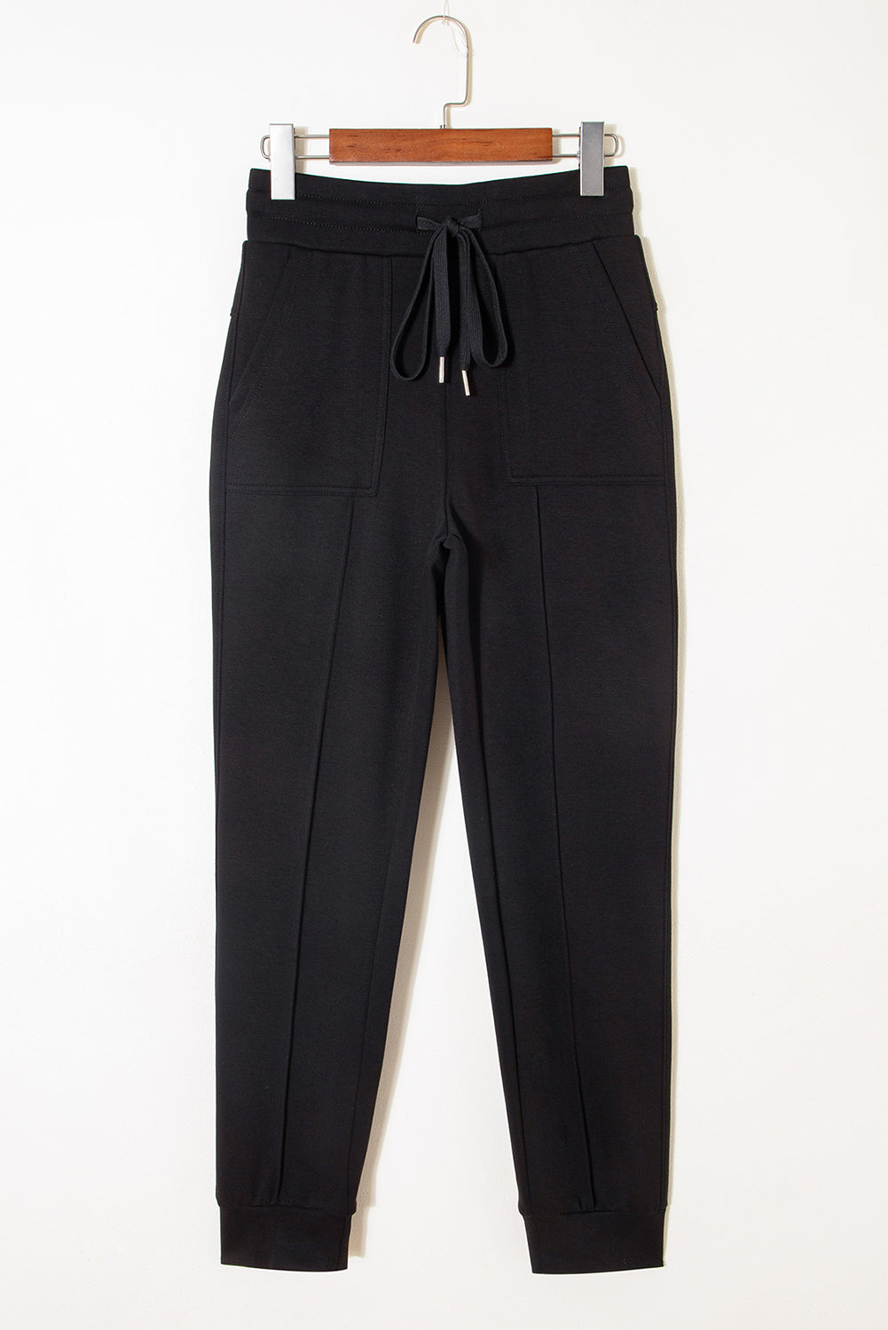 Black Exposed Seam Skinny Drawstring Jogger Pants