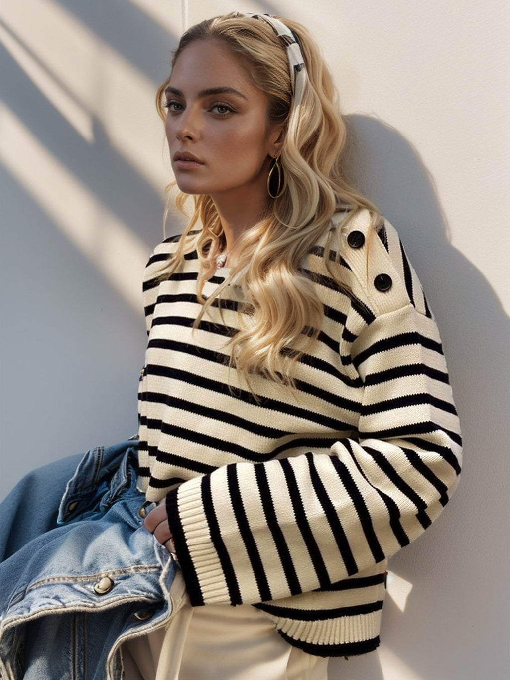 A woman wearing a black and white striped long-sleeve knit sweater with decorative buttons on the shoulder.