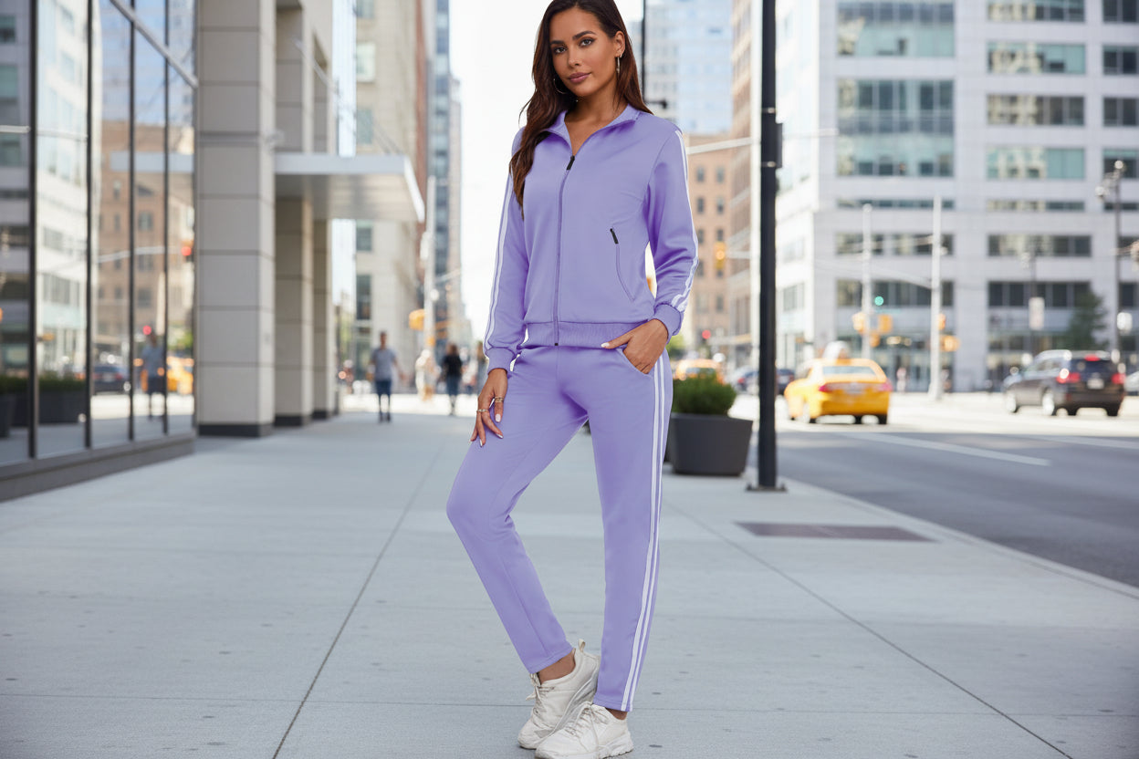 Women's Zip Up Long Sleeve Tracksuit Set with Side Stripes - Image 4