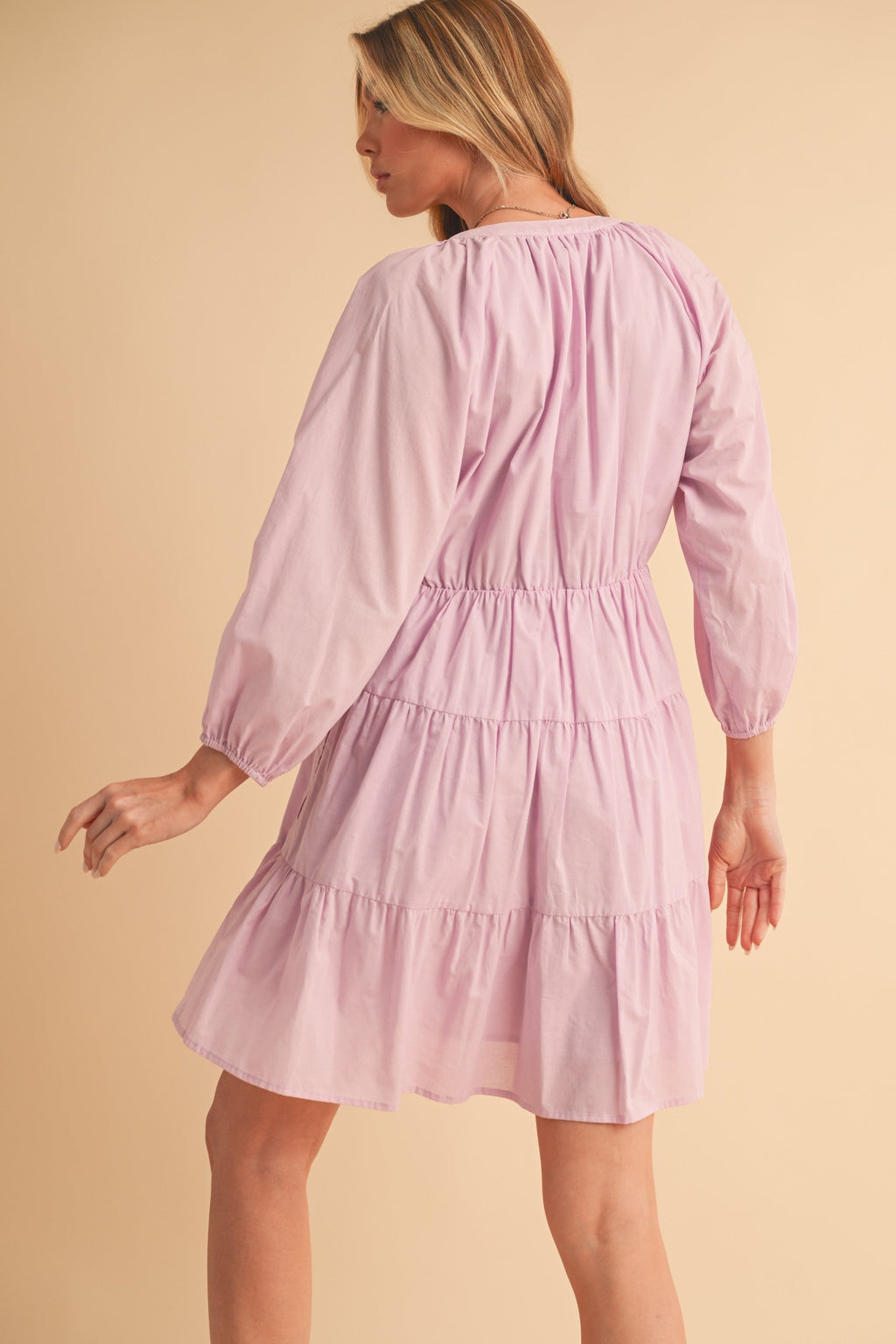 Lavender Cotton Tiered Mini Dress with Notched Balloon Sleeves