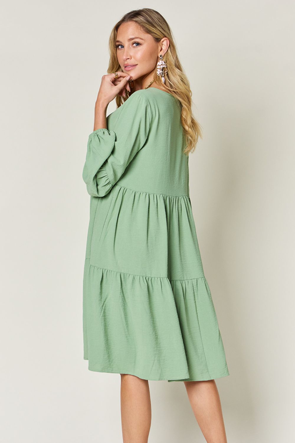 Light Green V-Neck Tiered Midi Dress with Side Pockets