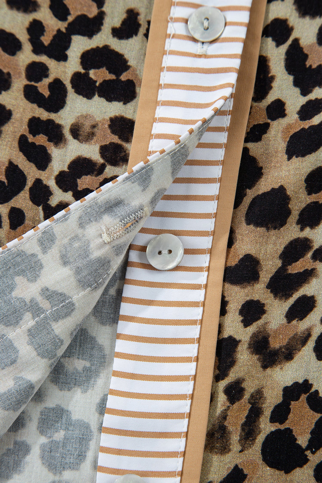 Khaki Leopard Print V-Neck Shirt with Contrast Striped Trim