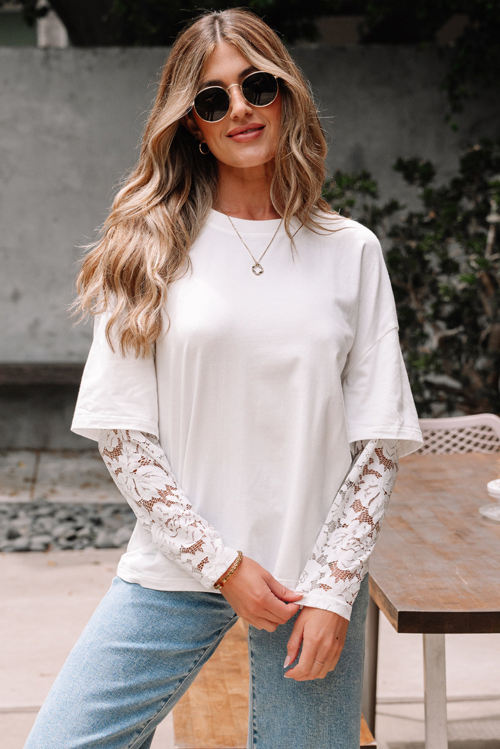 Women's Long Sleeve Drop Shoulder Tee with Romantic Lace Inserts