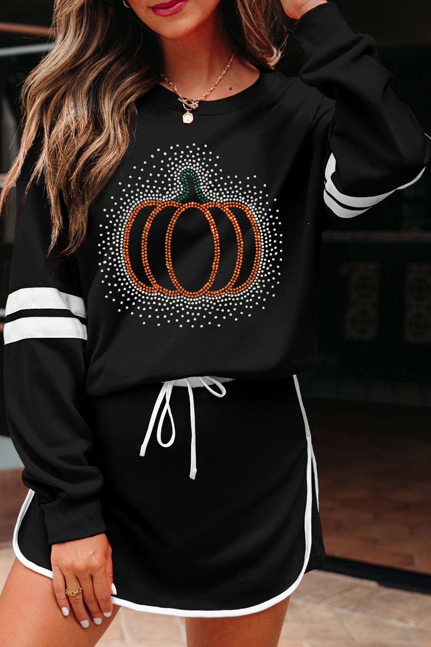 Black Rhinestone Pumpkin Graphic Varsity Striped Long Sleeve Top Drawstring Mini Skort 2pcs Set