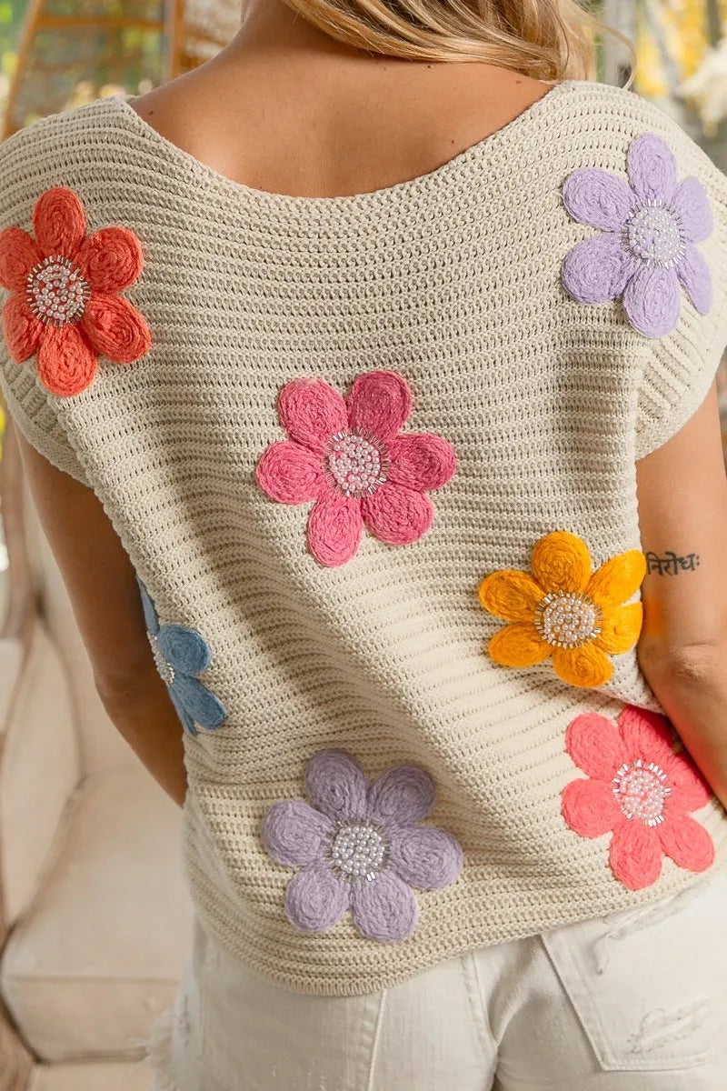 BiBi Multi Jeweled Crochet Flower Patch Knit Sweater Vest