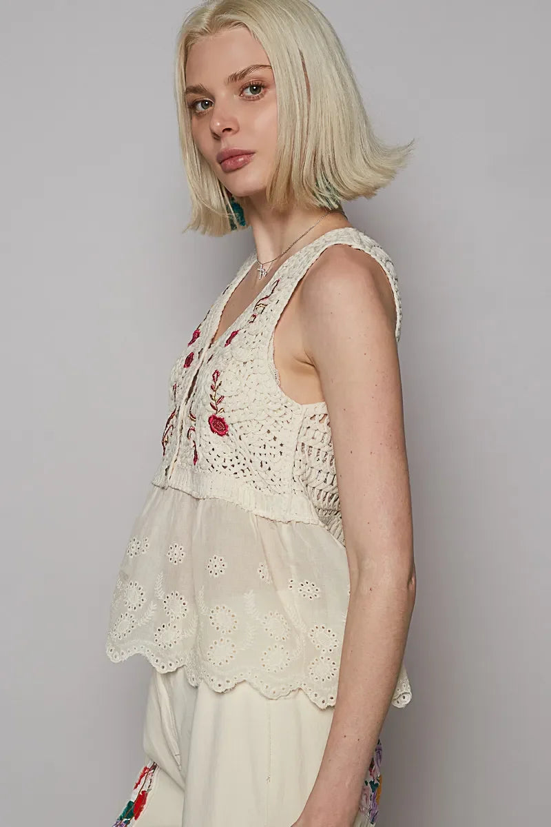 POL Embroidered Detail V-Neck Eyelet Peplum Tank