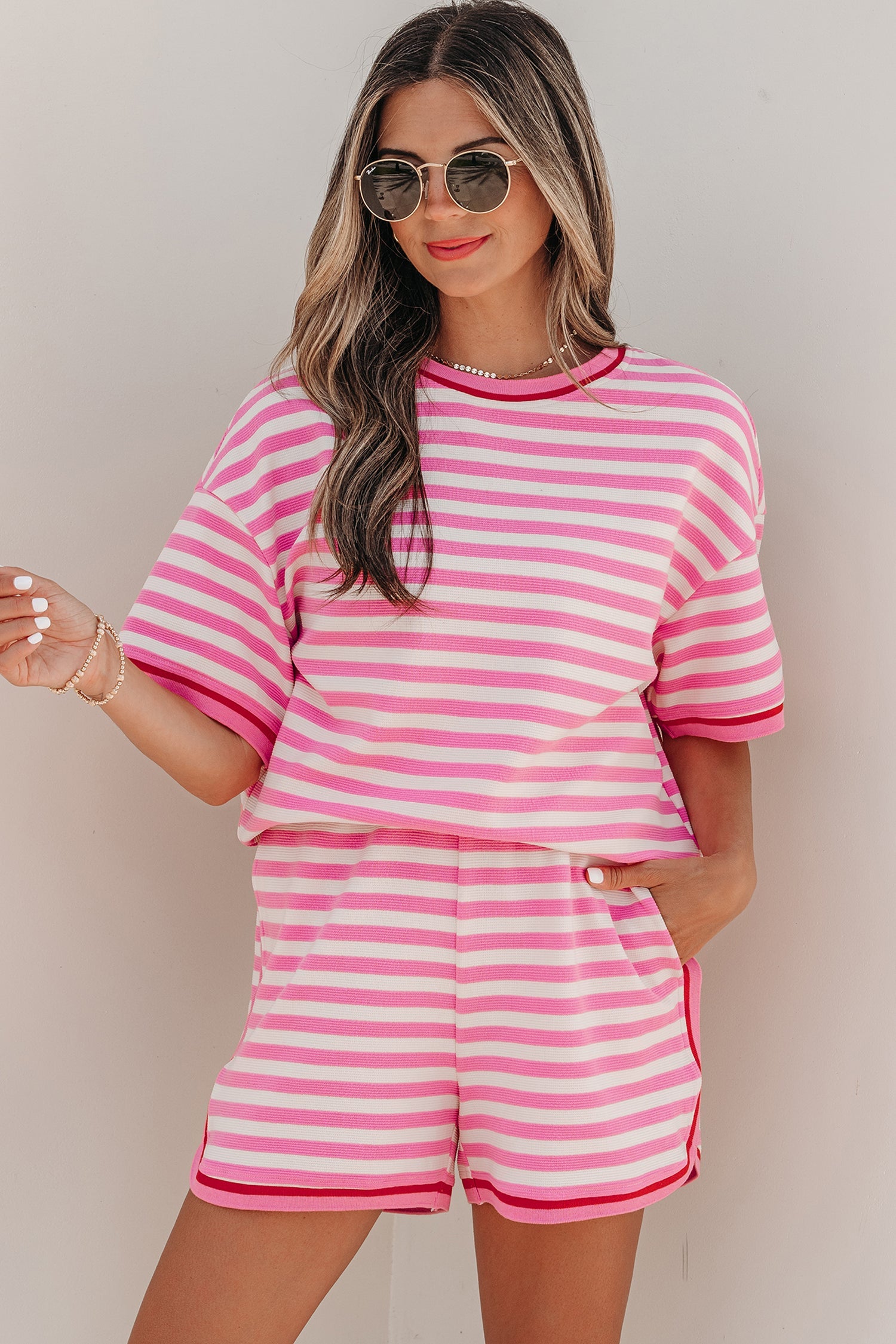 Matilda Trim Short Sleeve Set - Striped Knit Loungewear in Pink