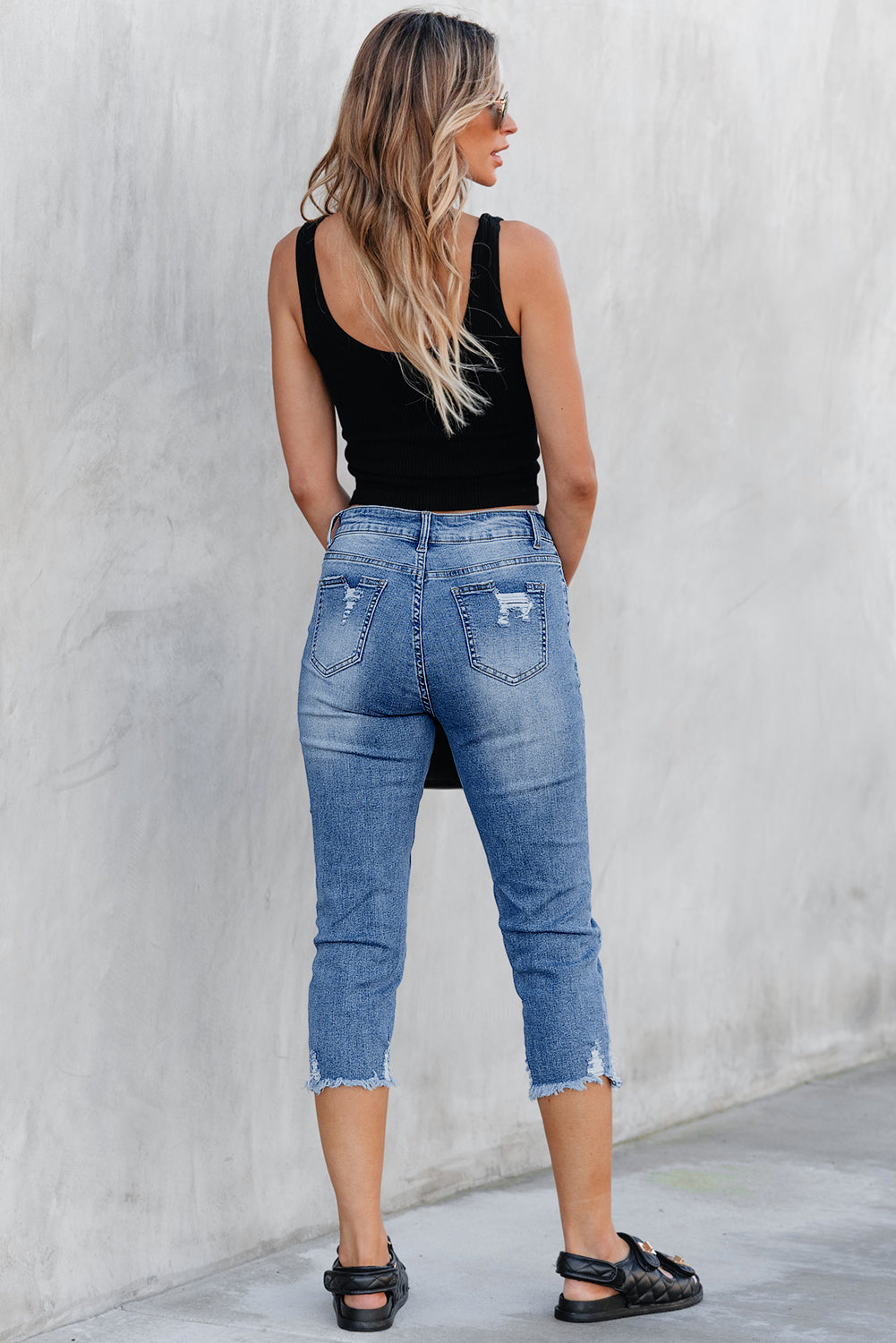 Georgia High-Rise Distressed Skinny Capri Jeans in Medium Blue