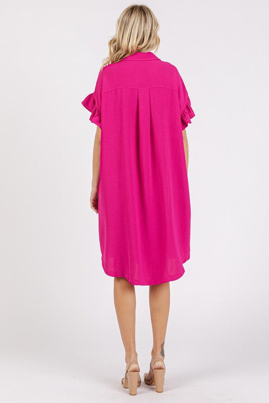 Button Down Flounce Sleeve Dress with Pockets