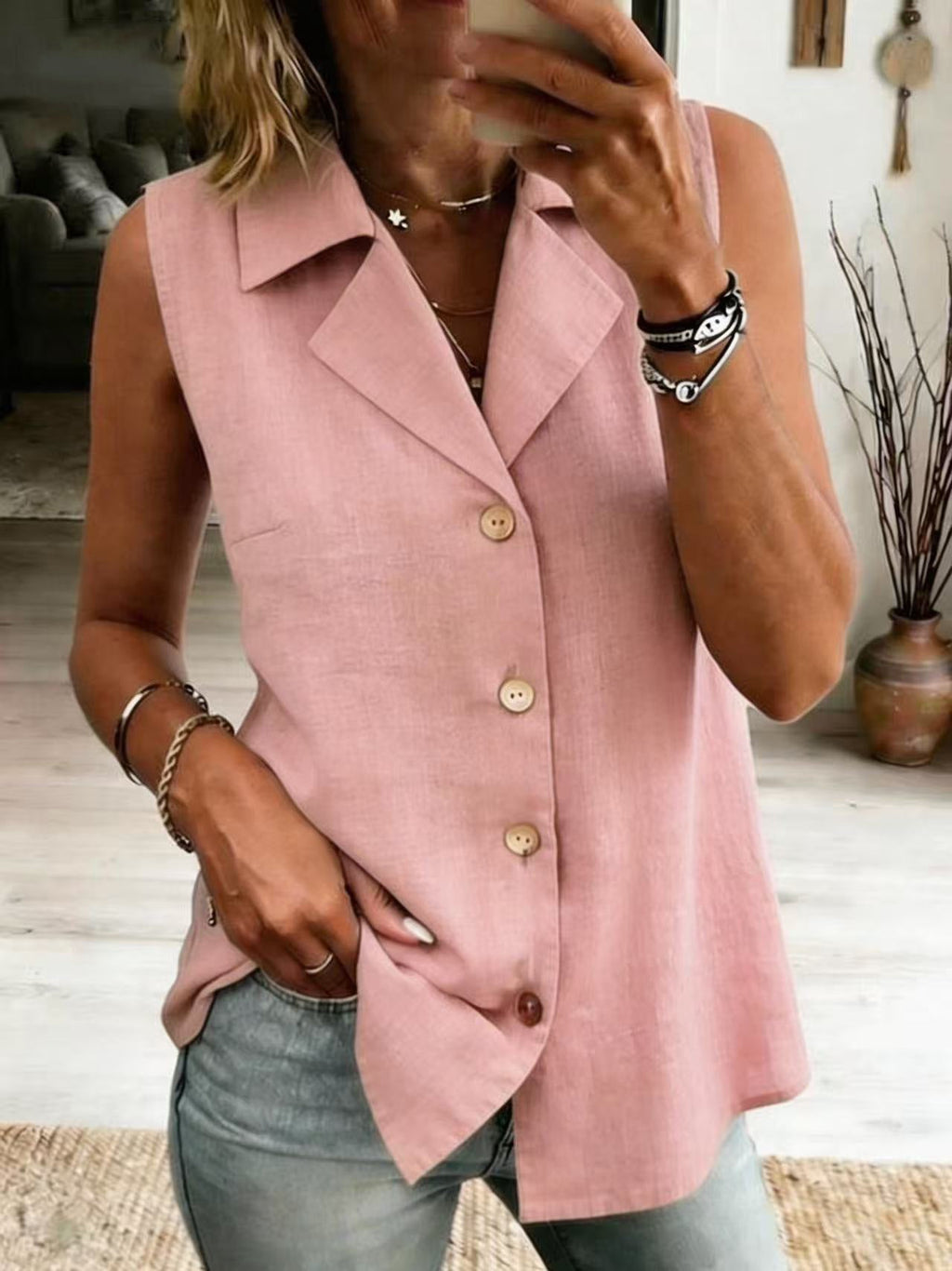 Women's Button-Front Sleeveless Collared Vest Top - Image 9