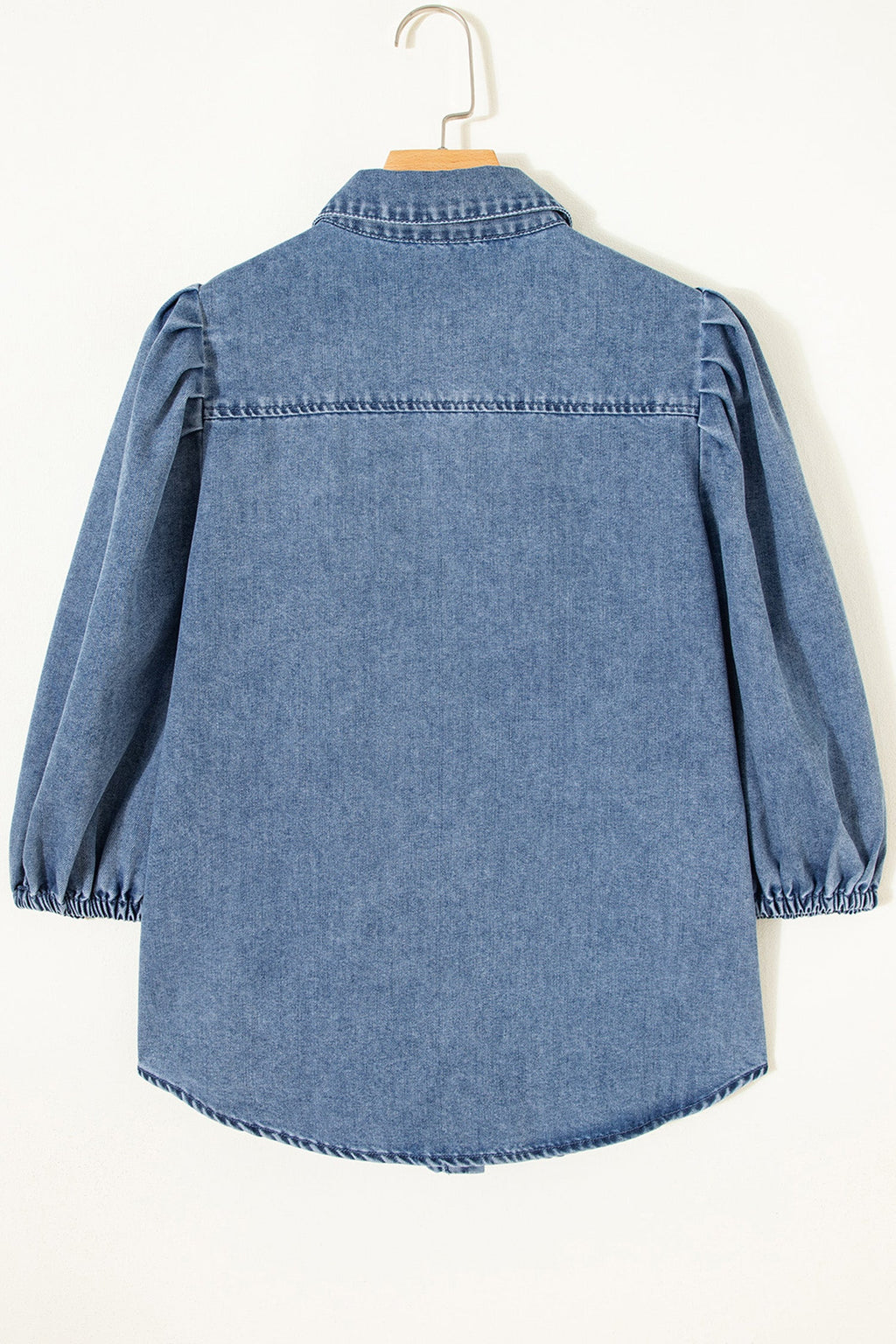 Solid Denim 3/4 Puff Sleeve Collared Shirt