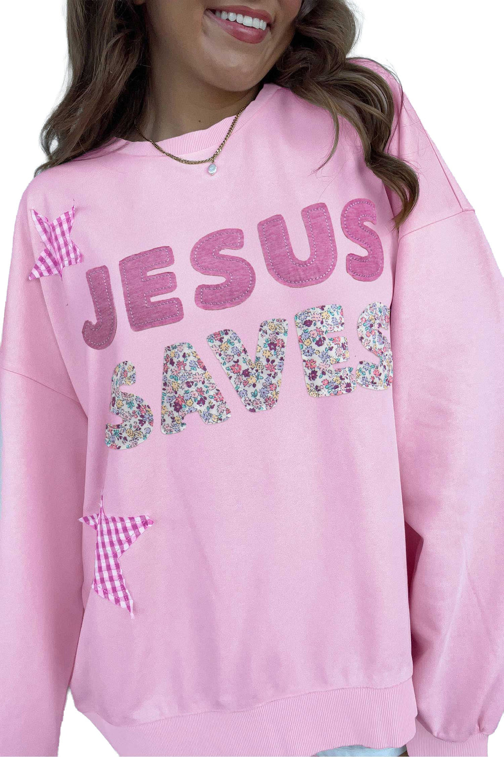 Pink Patchwork Stars Plaid Unique Floral Letters Baggy Sweatshirt