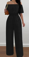 Elegant Off-Shoulder Short Sleeve Waist Cinch Solid Jumpsuit