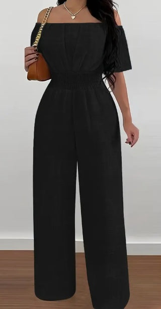 Elegant Off-Shoulder Short Sleeve Waist Cinch Solid Jumpsuit