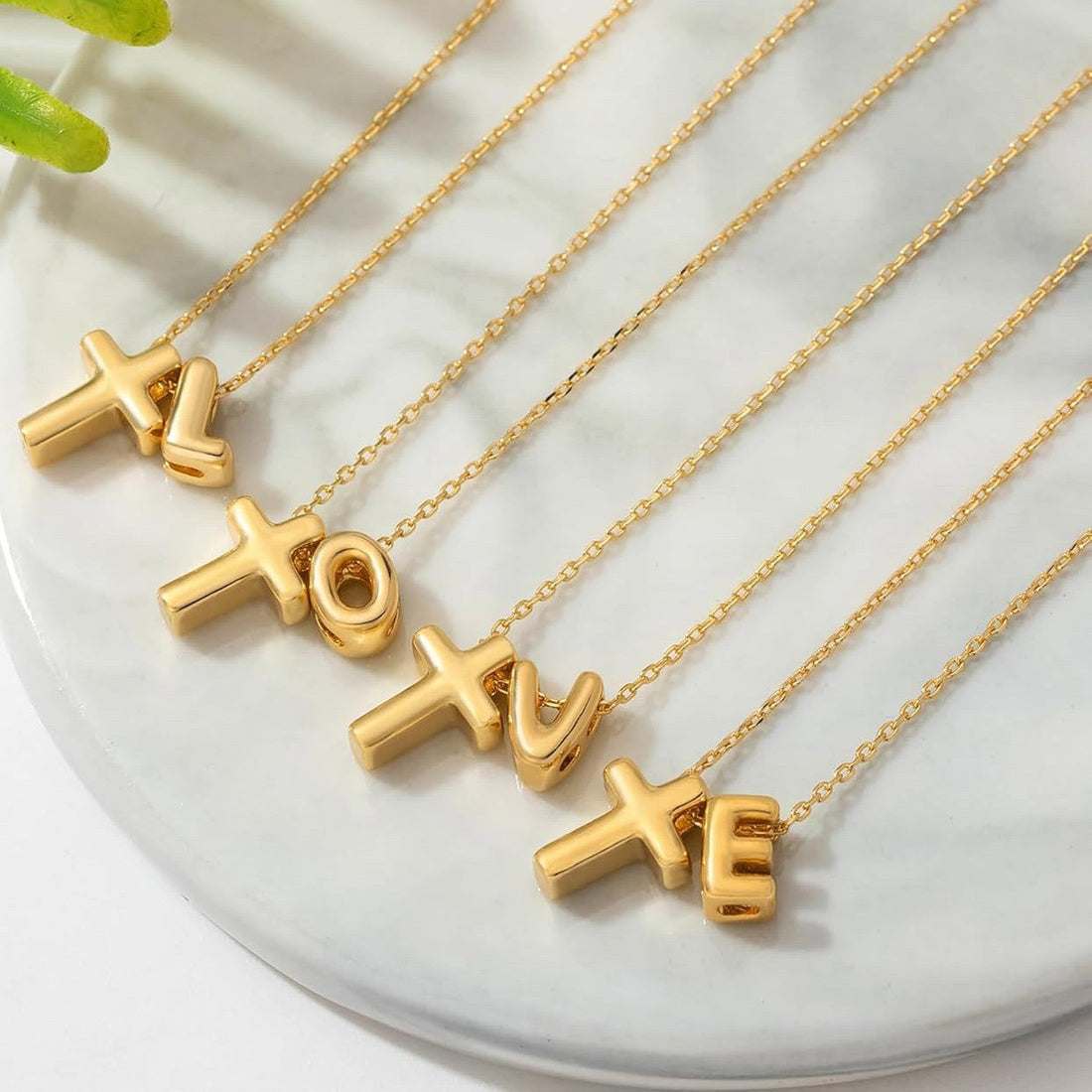 Custom Initial Bubble Letter Cross Pendant Gold Tone Necklace
