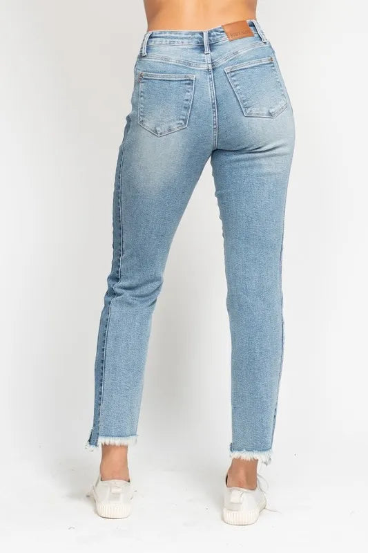 Judy Blue Full Size Vintage Wash Side Panel Detail with Fray Hem Slim Plus Size