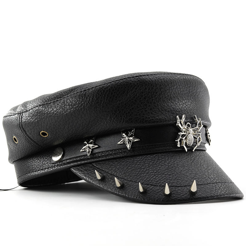 PU Leather Punk Peaked Cap with Chain & Stud Detail – Gothic Halloween Party Hat | 4 Designs: Cross, Leopard, Skull Claws & Spider